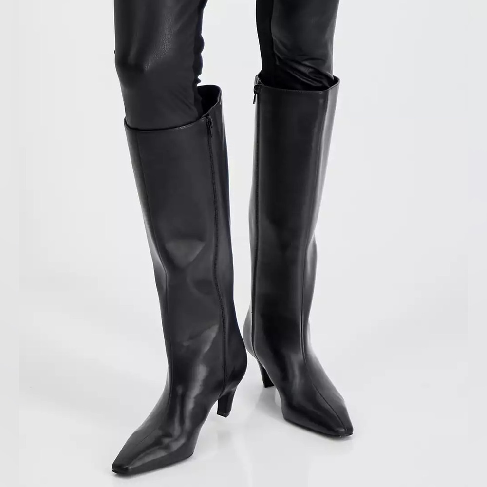 INC International Concepts Macys black faux leather kitten heels knee high boots